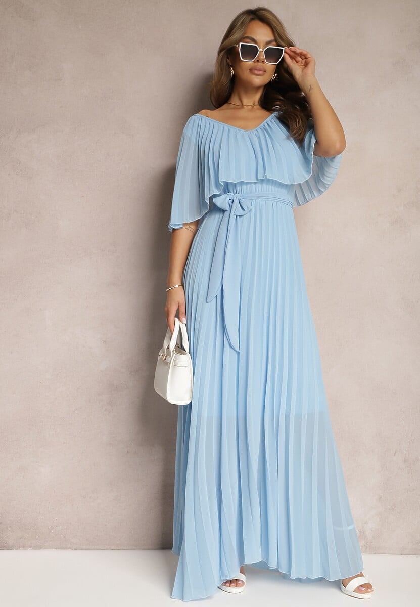Jasnoniebieska Plisowana Sukienka z Gumką w Pasie z Falbaną Przy Dekolcie Drenia