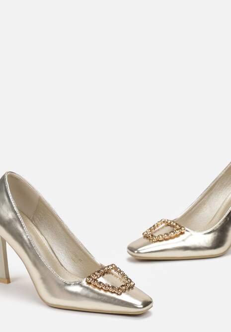 Złote Szpilki z Klamrą w Cyrkonie i Kwadratowym Noskiem Marilan