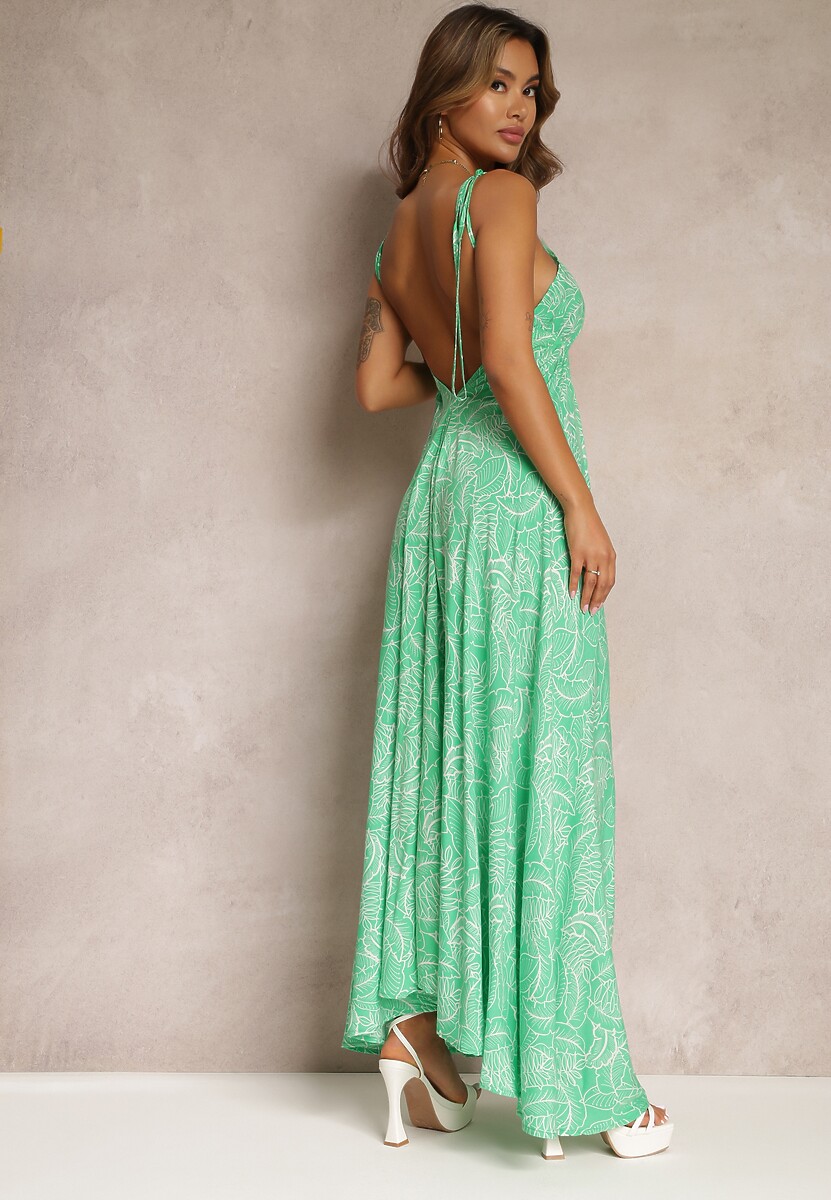 Zielona Rozkloszowana Sukienka Wiązana na Szyi z Wiskozy Frederica