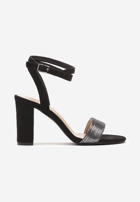 Czarne Sandały na Słupku ze Sprzączką i Ozdobnym Paskiem Rinafa