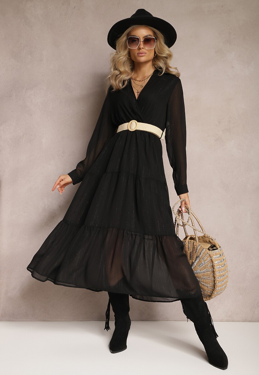 Ciemnozielona Sukienka z Kopertowym Dekoltem i Plecionym Paskiem Velo