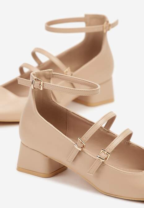 Beżowe Czółenka Wykończone Paseczkami i Kwadratowym Noskiem Fenena