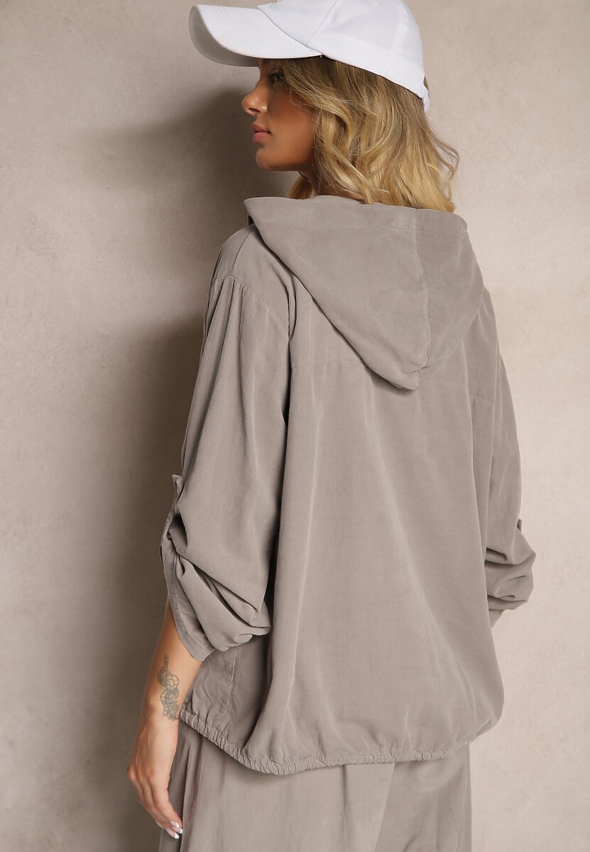 Szara Koszula z Bawełny o Luźnym Kroju z Kapturem i Ściągaczem Felanira