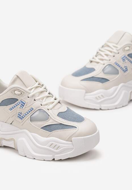 Beżowo-Niebieskie Sneakersy na Platformie Ozdobione Naszywką Nivaler