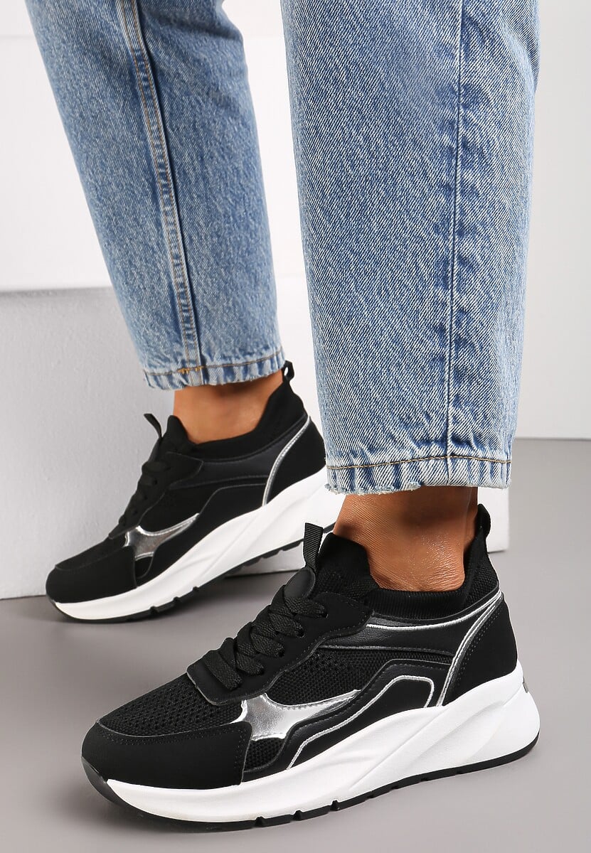 Czarne Sznurowane Sneakersy na Grubej Podeszwie z Błyszczącymi Wstawkami Nithirela