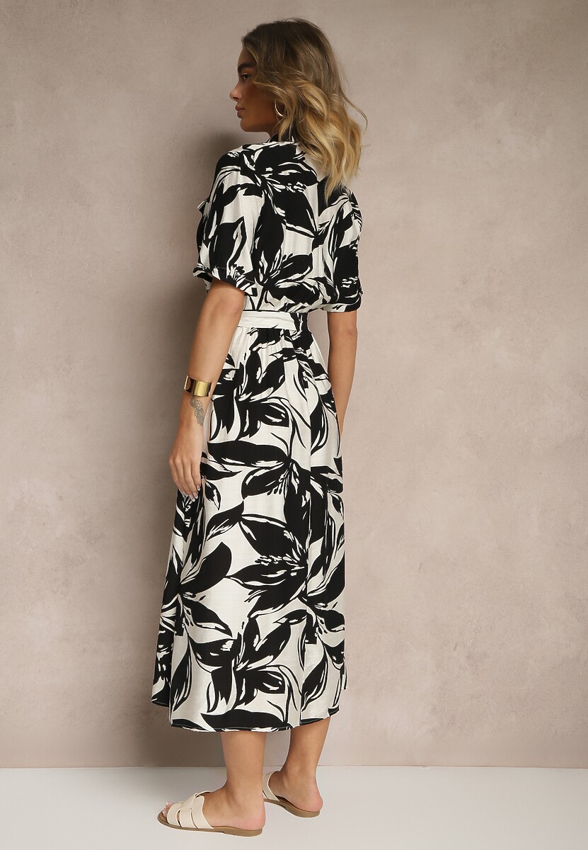 Czarno-Biała Koszulowa Sukienka z Wiskozy z Wiązanym Paskiem Ullosaria