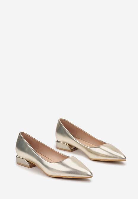 Złote Czółenka na Niewysokim Obcasie z Metaliczną Aplikacją i Szpiczastym Noskiem Christitesa