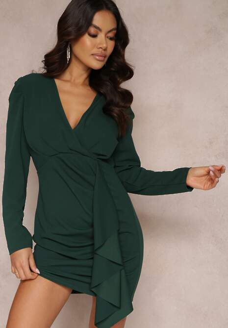 Ciemnozielona Sukienka Kopertowa z Długim Rękawem Nosso