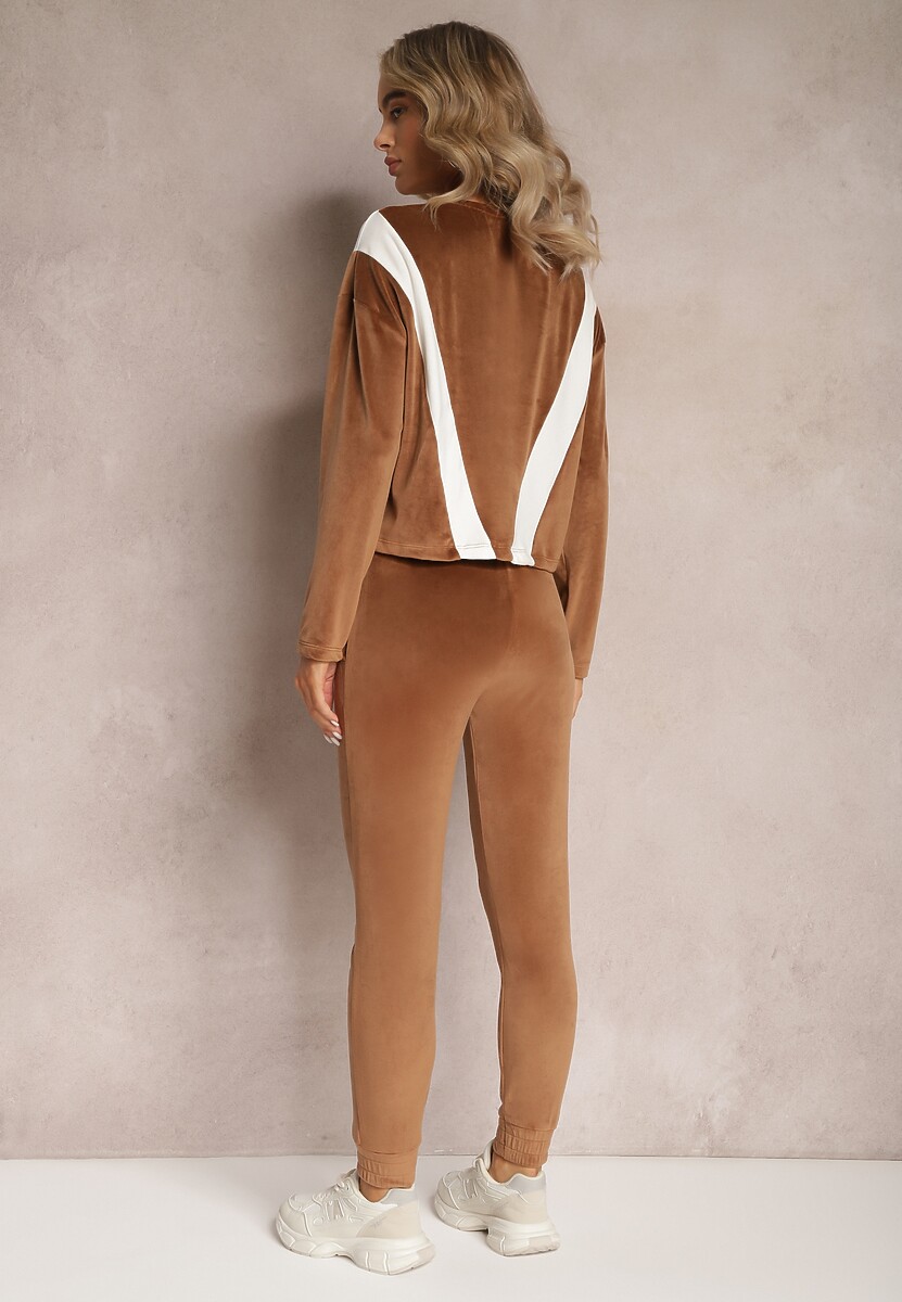 Brązowy 2-częściowy Komplet Dresowy Welurowy z Bluzą i Spodniami Vestali