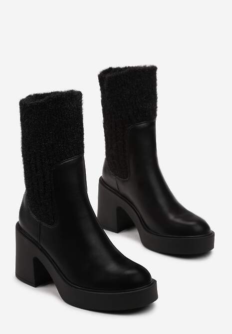 Czarne Botki z Wywijaną Pluszową Cholewką Elssane