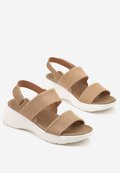 Ciemnobeżowe Sandały Ozdobione Prążkowanymi Paskami Faleleldi
