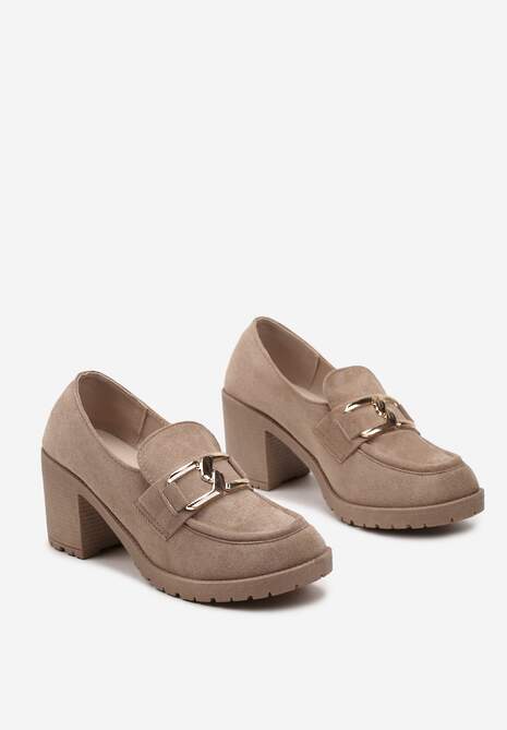 Ciemnobeżowe Półbuty na Grubej Podeszwie i Słupku z Przeszyciami i Klamrą Nizhoni