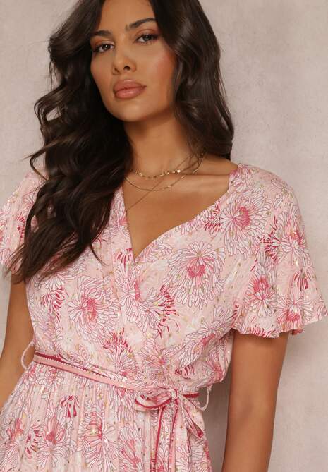 Jasnoróżowa Wiskozowa Sukienka z Metalicznym Wzorem i Gumką w Pasie Carinalia