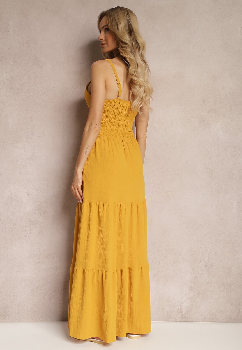 Źółta Sukienka na Ramiączkach z Regulacją z Gumką w Talii i Falbanką Faviara