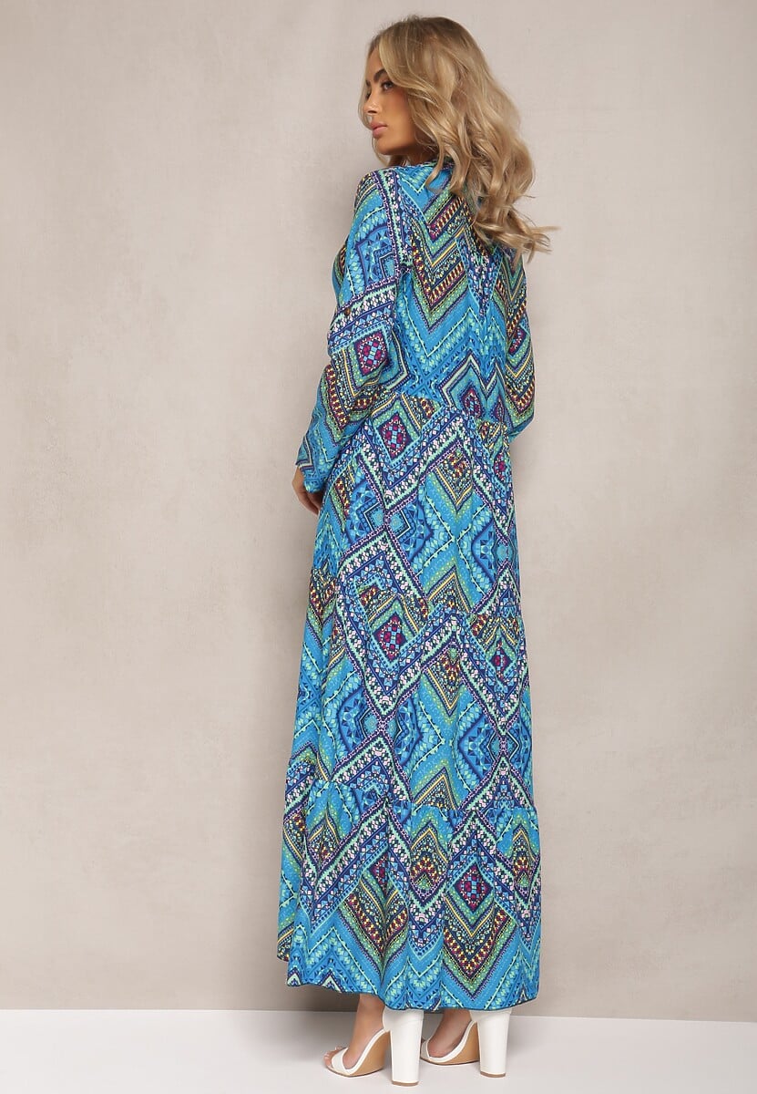 Niebieska Koszulowa Sukienka Boho z Podpinanymi Rękawami z Bawełny Otersa
