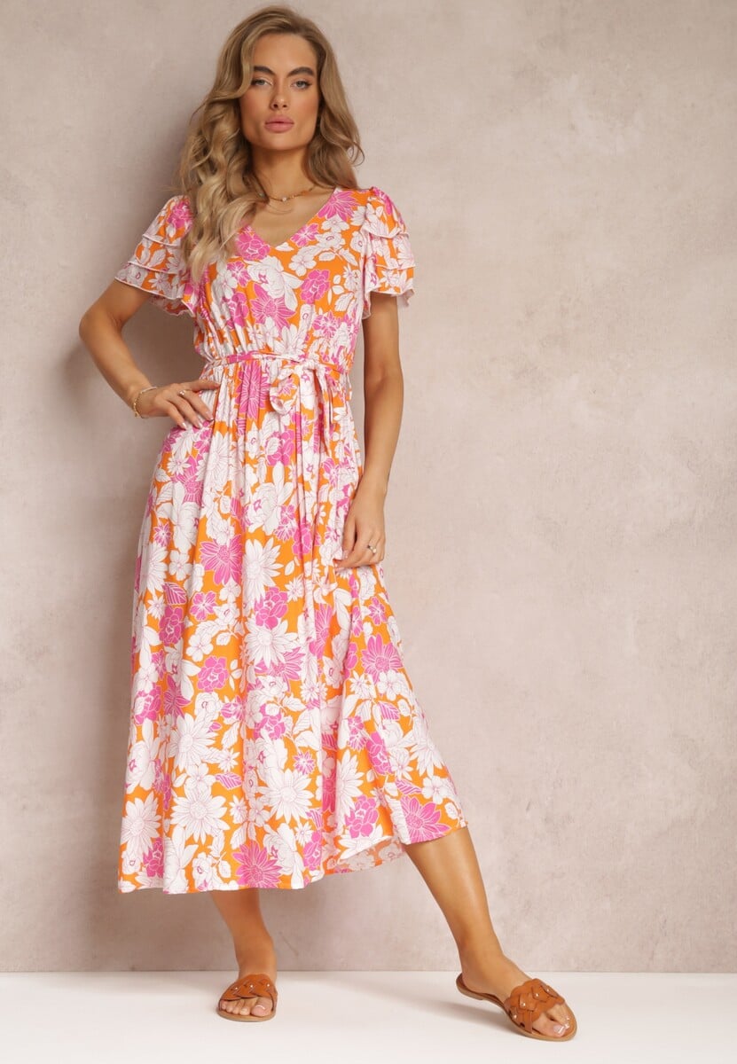 Zielona Sukienka z Wiskozy w Kwiaty z Wiązanym Paskiem Malore