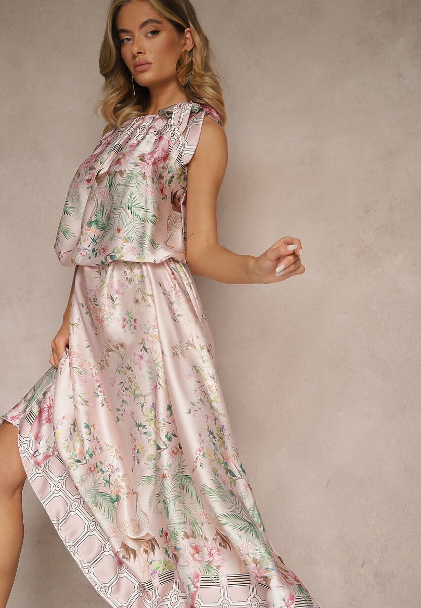 Jasnoróżowa Sukienka z Satyny Zdobiona Kwiatowym Wzorem i Wiązaniem Fenalesa