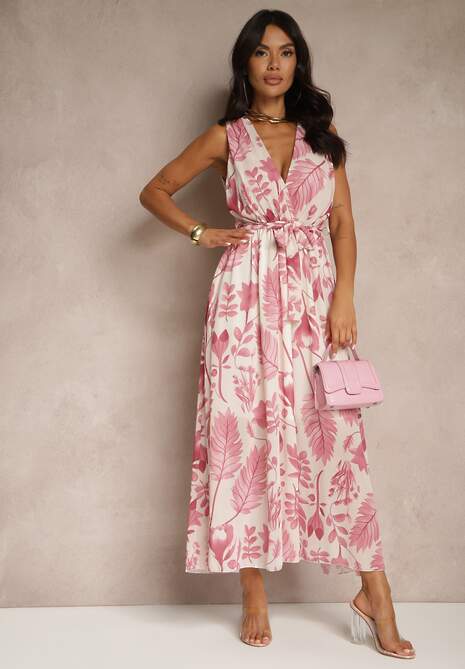 Różowa Sukienka z Wiskozą z Kopertowym Dekoltem i Wiązanym Paskiem Natisolve