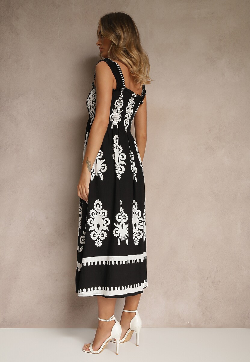Czarna Rozkloszowana Sukienka z Wiskozy z Ornamentnym Motywem Aloxe