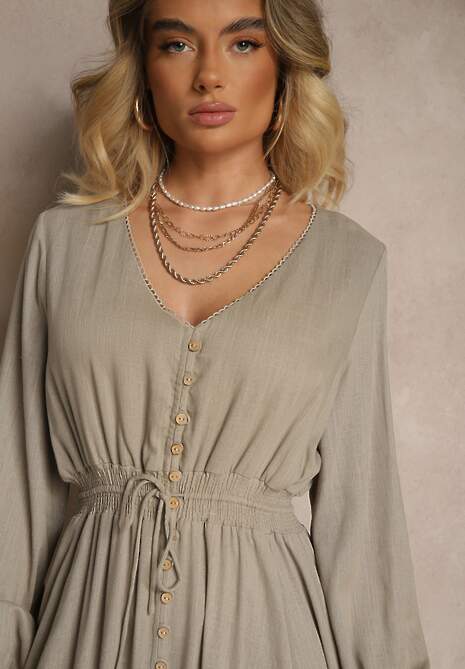Beżowa Sukienka z Lnem i Wiskozą o Rozkloszowanym Kroju z Ozdobnymi Guzikami Maitena