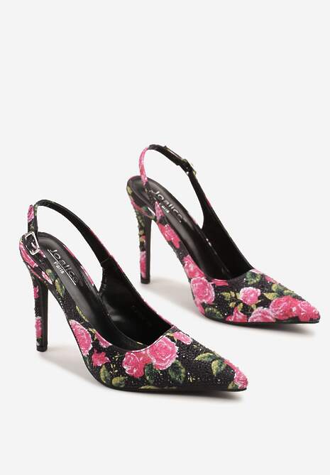 Czarne Sandały na Szpilce z Odkrytą Piętą w Kwiatowy Print Negloria