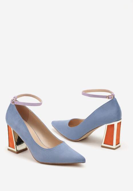 Niebieskie Czółenka na Słupku Ozdobione Paskiem i Metaliczną Aplikacją Lannethe