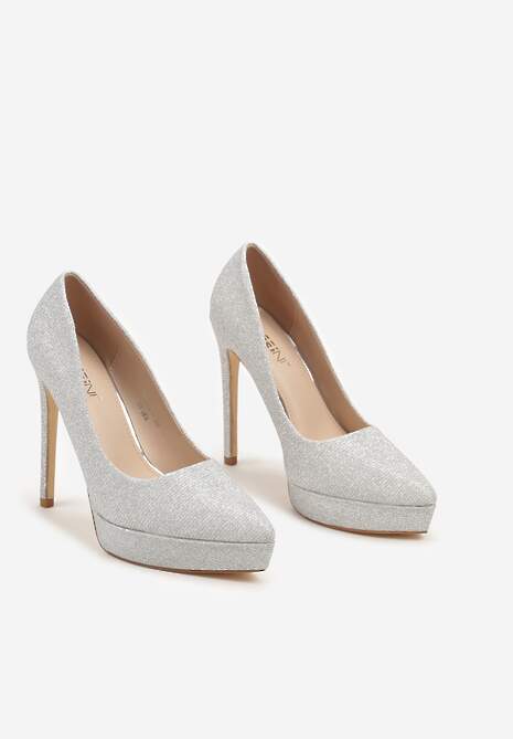 Srebrne Eleganckie Brokatowe Szpilki na Platformie w Klasycznym Stylu Navienne
