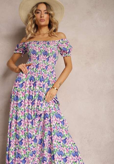 Fioletowo-Zielona Hiszpanka Sukienka o Rozkloszowanym Kroju i Gumkami przy Dekolcie Kaseria