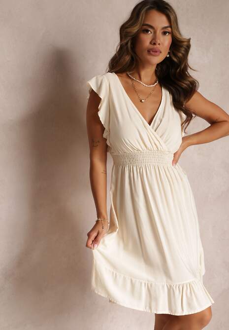 Jasnobeżowa Mini Sukienka z Wiskozy o Rozkloszowanym Fasonie i Kopertowym Dekolcie Lolsa