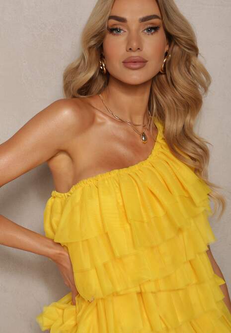 Żółta Rozkloszowana Sukienka Mini z Falbankami i Asymetrycznymi Ramionami Liurtta