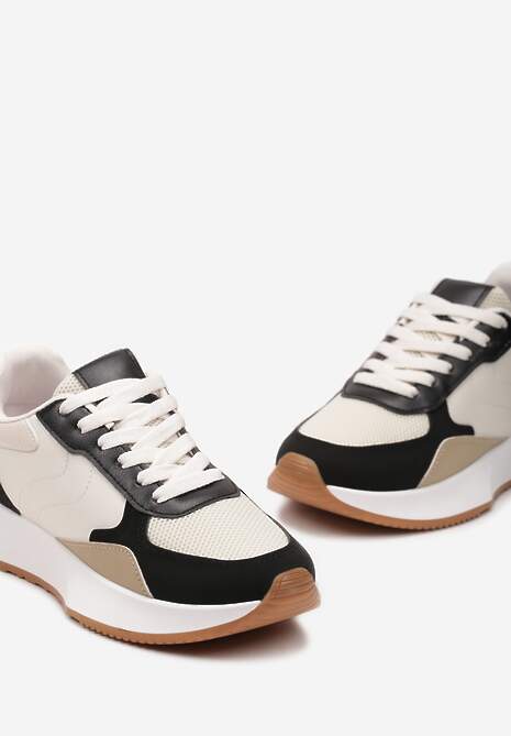 Czarno-Beżowe Sneakersy z Siateczkową Wstawką na Nosku Hlimeltia