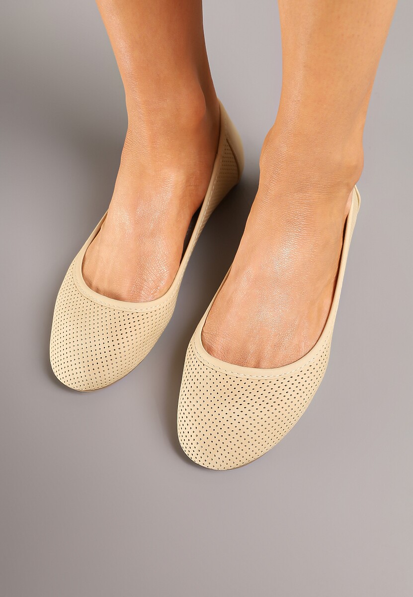 Beżowe Balerinki z Perforacją i Wkładką ze Skóry Naturalnej Nonaviael