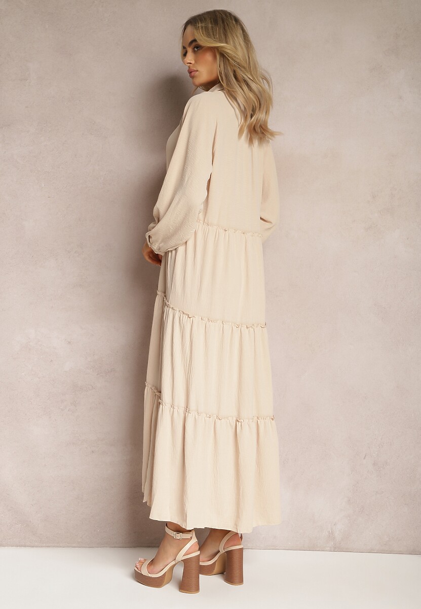 Beżowa Długa Sukienka z Koszulową Górą i Rozkloszowanym Odcinanym Dołem Iremita