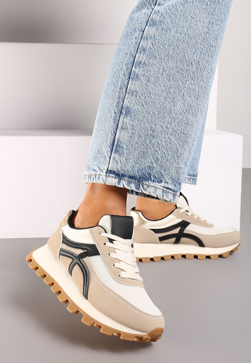 Ciemnobeżowe Sneakersy z Szerokim Bieżnikiem i Sznurowaniem Timatara