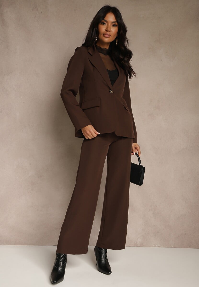 Brązowy Komplet Garniturowy z Wiskozą Spodnie Wide Leg i Marynarka na Guzik Tevrina