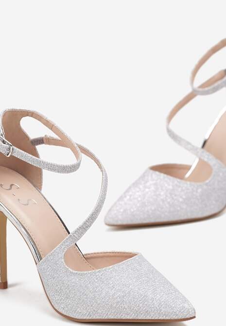 Srebrne Połyskujące Sandały na Szpilce ze Szpiczastym Noskiem Serfina