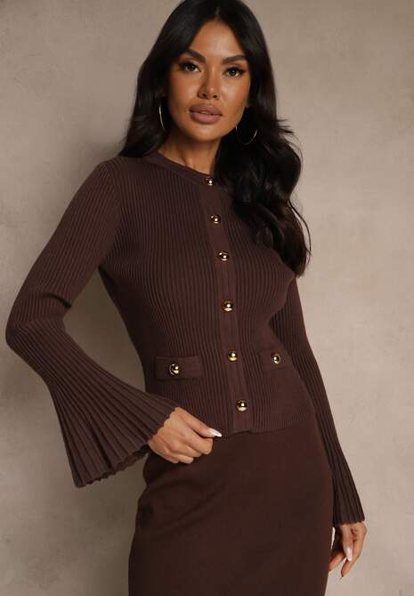 Brązowy Elegancki Prążkowany Kardigan z Wiskozą Guzikami i Rozszerzanymi Rękawami Otila