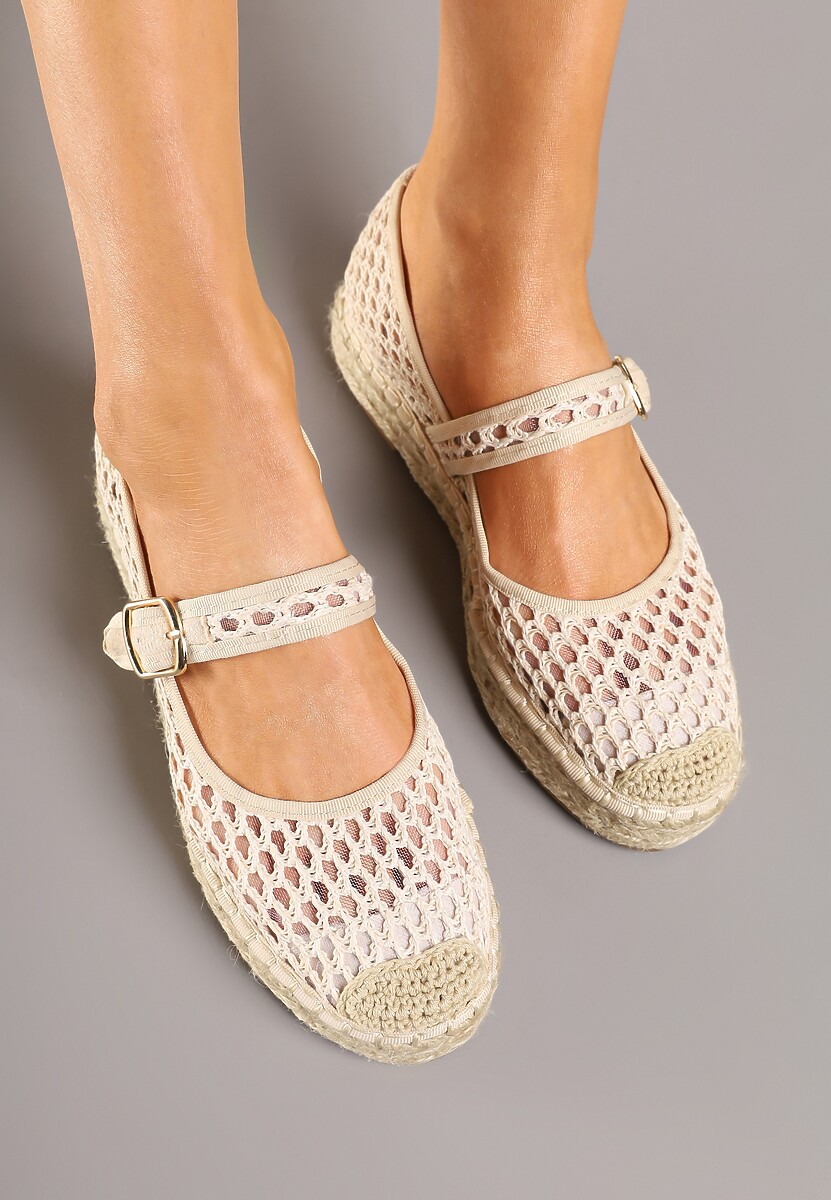 Jasnobeżowe Siateczkowe Espadryle na Podeszwie z Juty Zapinane na Sprzączkę Geniffia
