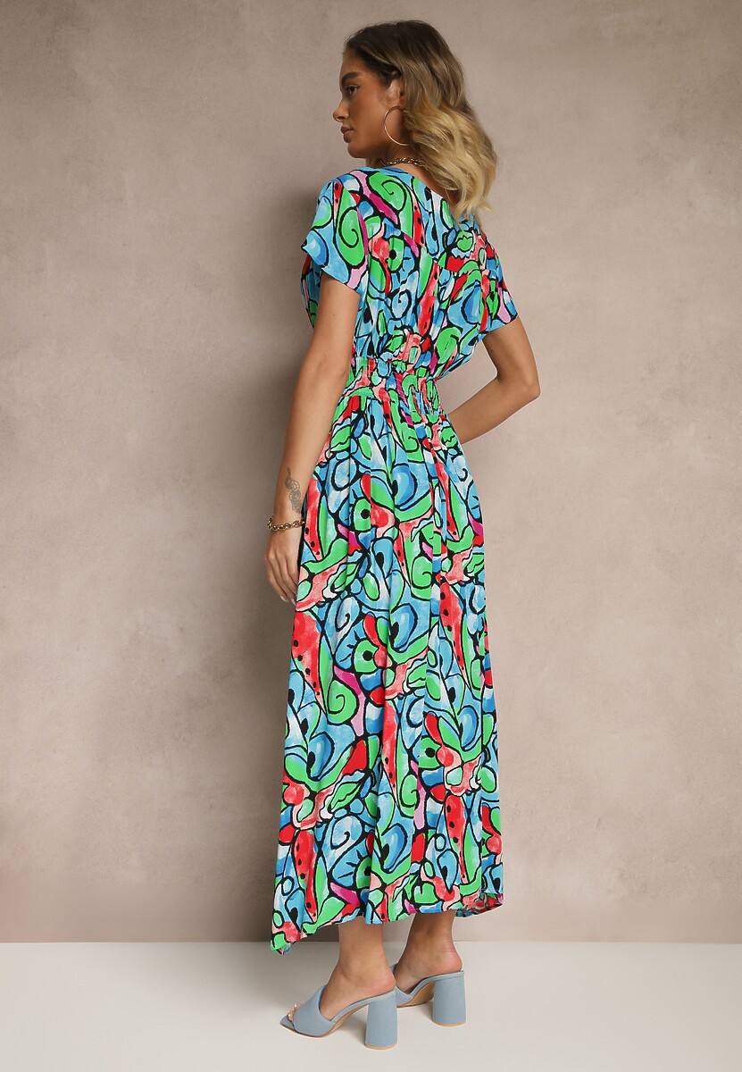 Niebieska Sukienka z Bawełny w Abstrakcyjny Wzór Emisienna