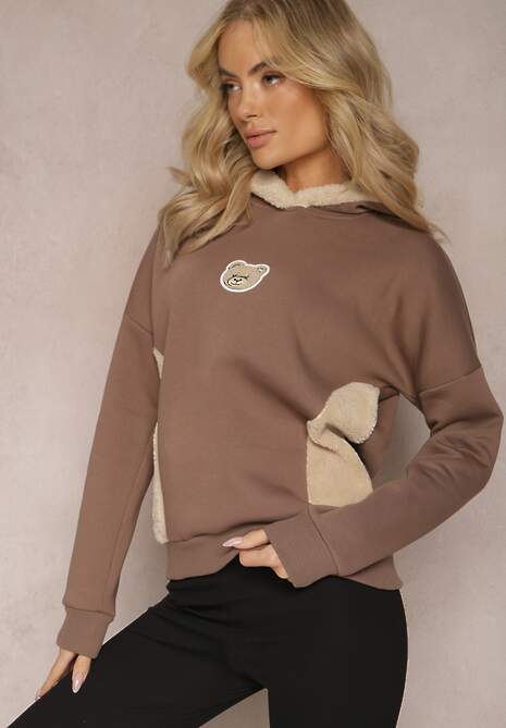 Brązowa Bluza z Bawełny z Ozdobną Naszywką z Misiem i Polarowym Kapturem Hecatia
