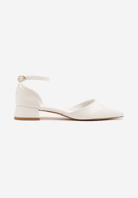 Białe Czółenka na Niskim Obcasie ze Szpiczastym Noskiem i Paskiem Wokół Kostki Faliviela