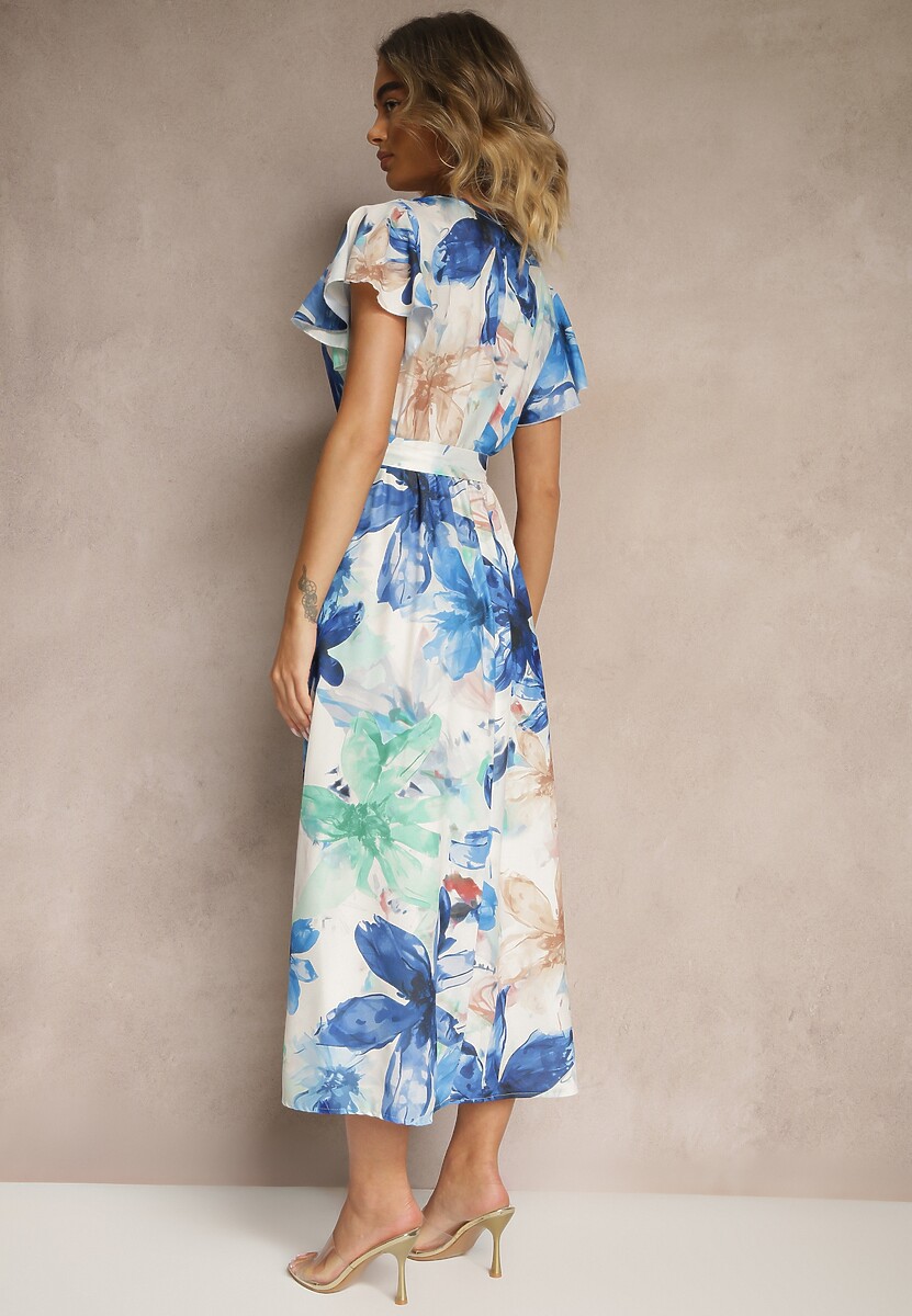 Niebieska Kopertowa Sukienka z Wiązanym Paskiem w Kwiatowy Wzór Redellira