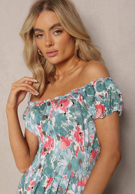 Zielono-Niebieska Sukienka Midi z Krótkim Rękawem z Wiskozy w Kwiaty Emena