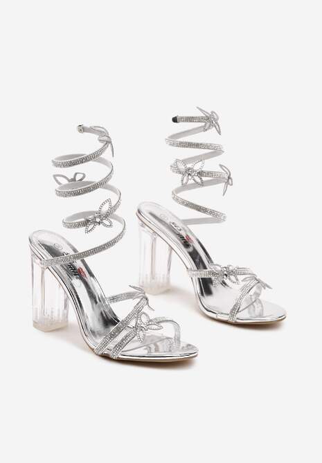 Srebrne Sandały na Transparentnym Słupku z Ozdobami 3D i Cyrkoniami Tatirina
