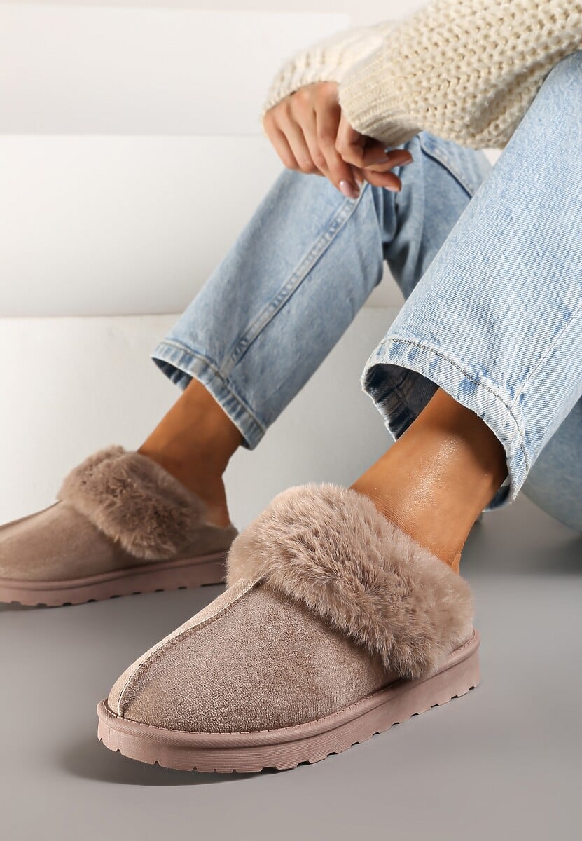 Beżowe Kapcie z Ekozamszu z Futrzaną Wyściółką Zoleti