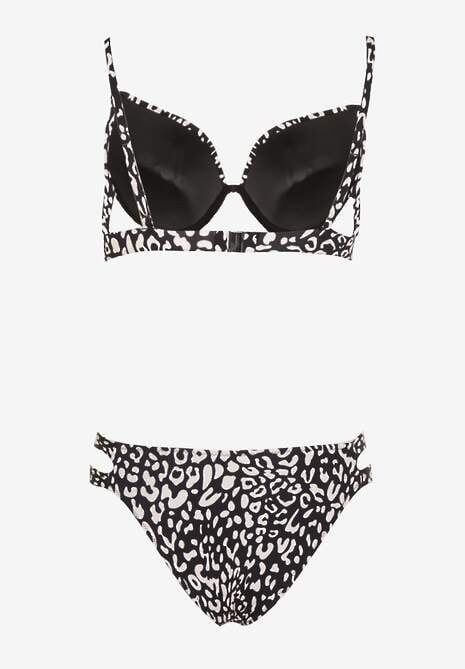 Czarne Bikini w Panterkowy Wzór Biustonosz i Majtki Figi Zdobione Wycięciami Savrienne