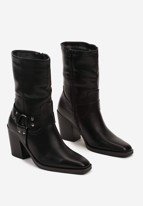 Czarne Ocieplane Botki na Stożkowym Obcasie z Ozdobną Klamrą Verinique