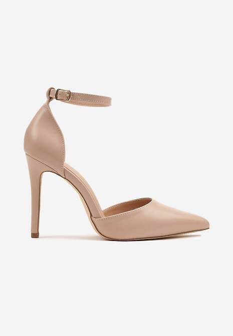 Beżowe Szpilki z Noskiem w Szpic i Paskiem przy Kostce Elarimea