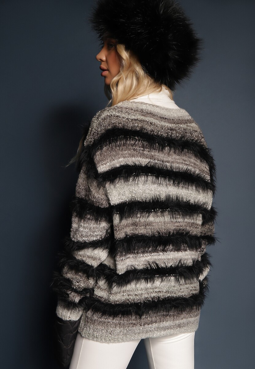 Czarno-Szary Rozpinany Kardigan z Wiskozą i Wełną w Paski Esamara