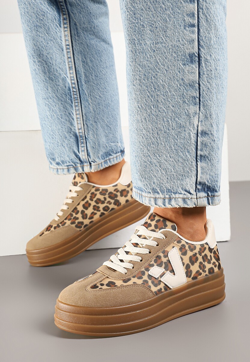 Beżowe Panterkowe Sneakersy na Kauczukowej Podeszwie Ellirielle